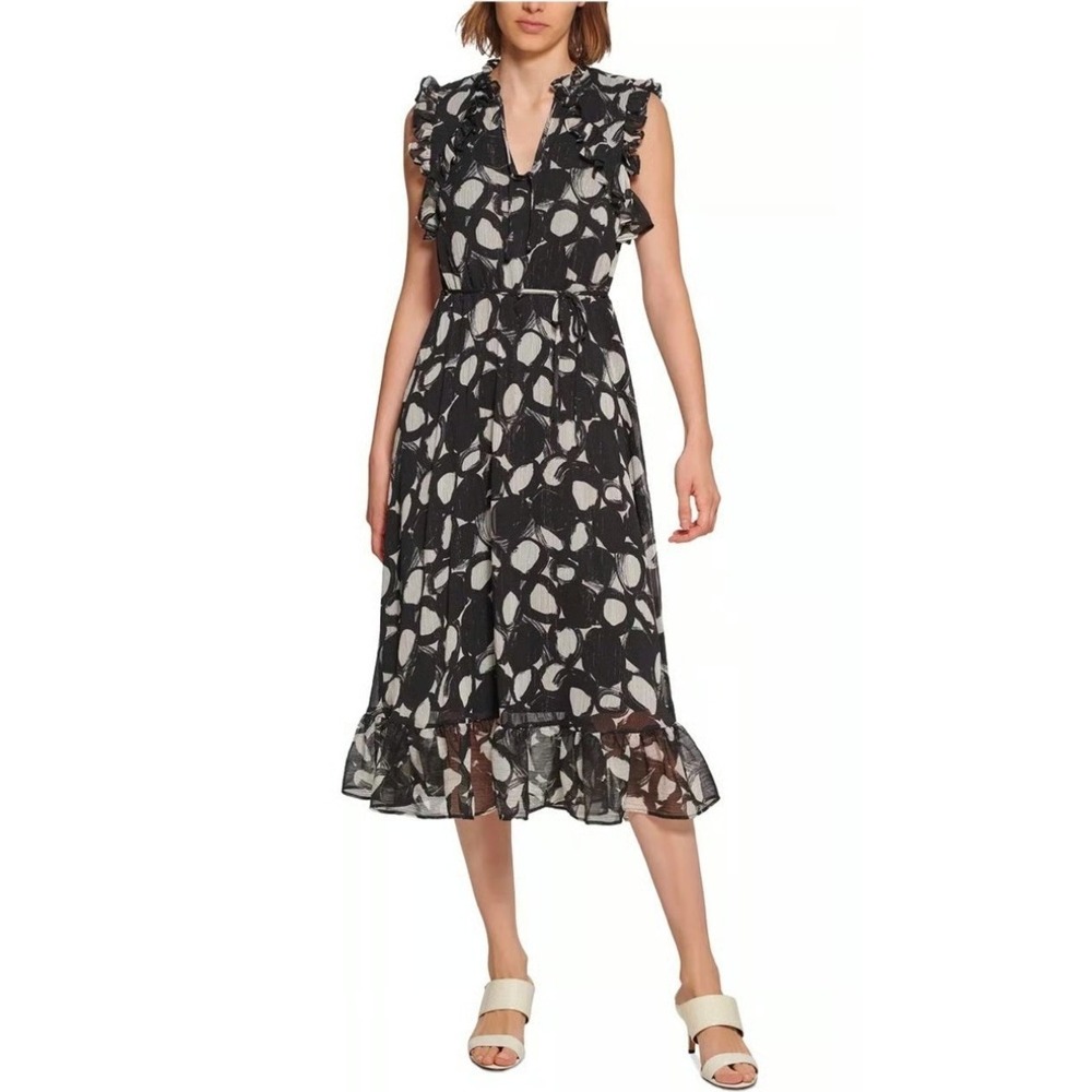 Calvin Klein Women's Ruffle Trim Chiffon Midi Dress In Black White Size 4